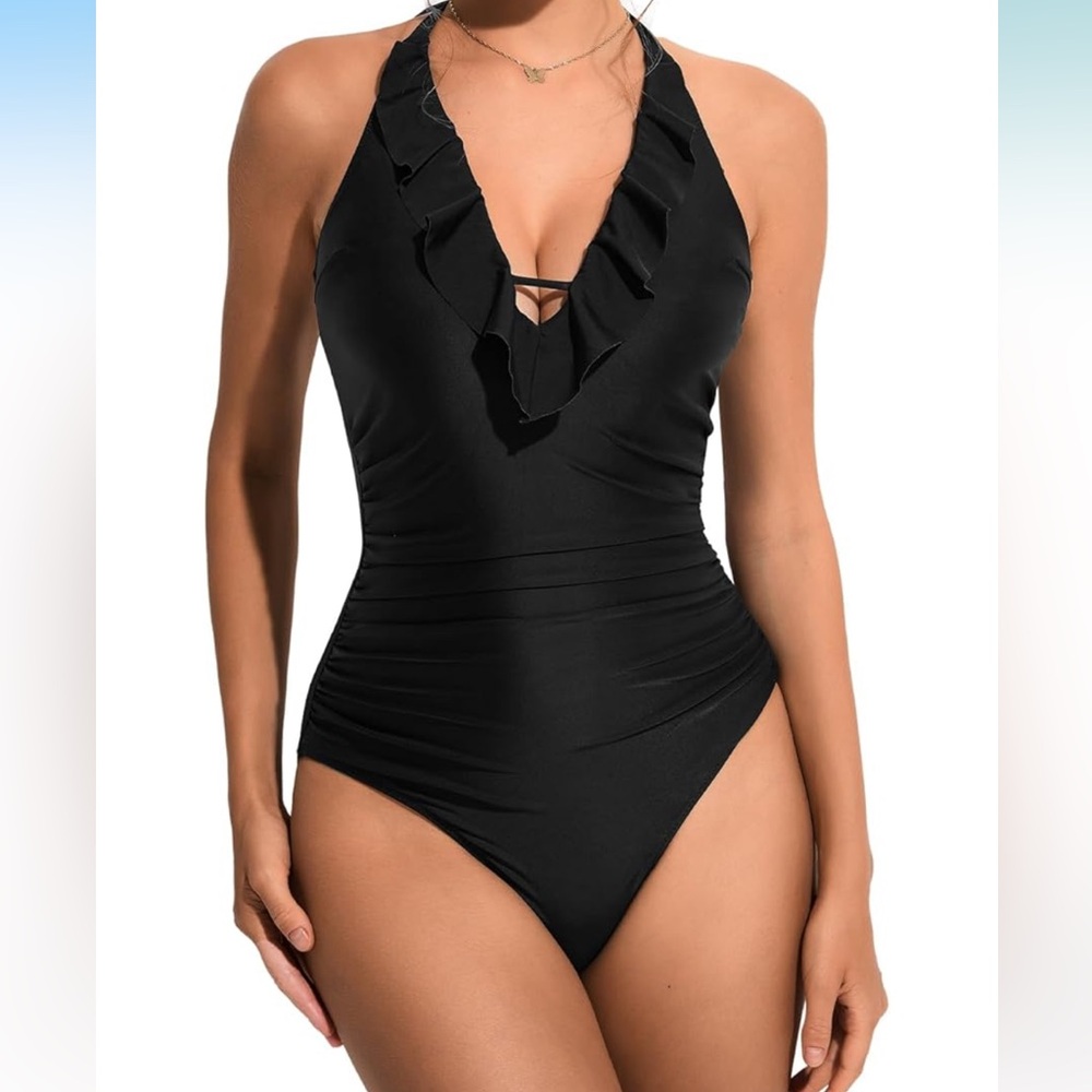 NWT Women’s Halter One Piece Swimsuit | black halter tummy control swimsuit